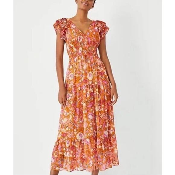 Ann Taylor Dresses & Skirts - Ann Taylor Floral Print Flutter Sleeve V-Neck Maxi Dress Brown Multi Women's 0